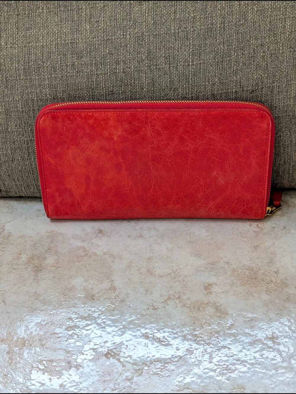 Balenciaga Red Zip-Around Leather Wallet with Gold Hardware w COA
